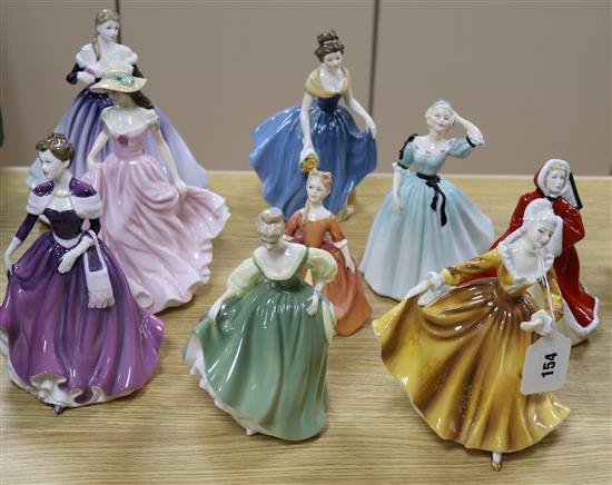 Nine Royal Doulton figurines: Rachel, Debbie, Celeste, Megan, Kirsty, Melanie, Nicole, Kate, Fair Lady